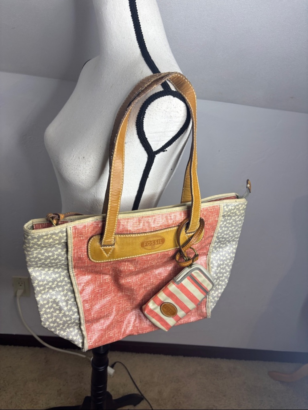 Fossil Vintage Red and Tan Canvas Tote with Stripe Pouch  As is Conditoin